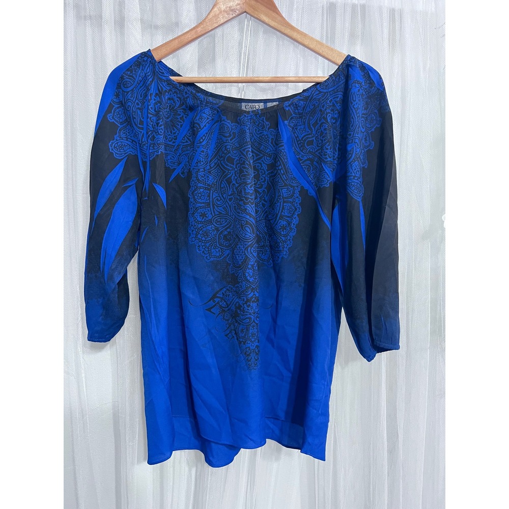 Cato Womens Royal Blue Black Ombre Paisley Mandala Scoop Neck 3/4 Sleeve Blouse